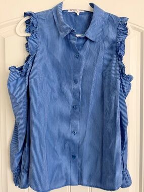 BCBGeneration Women’s Off Shoulder Striped Button Down Shirt Blue Size M